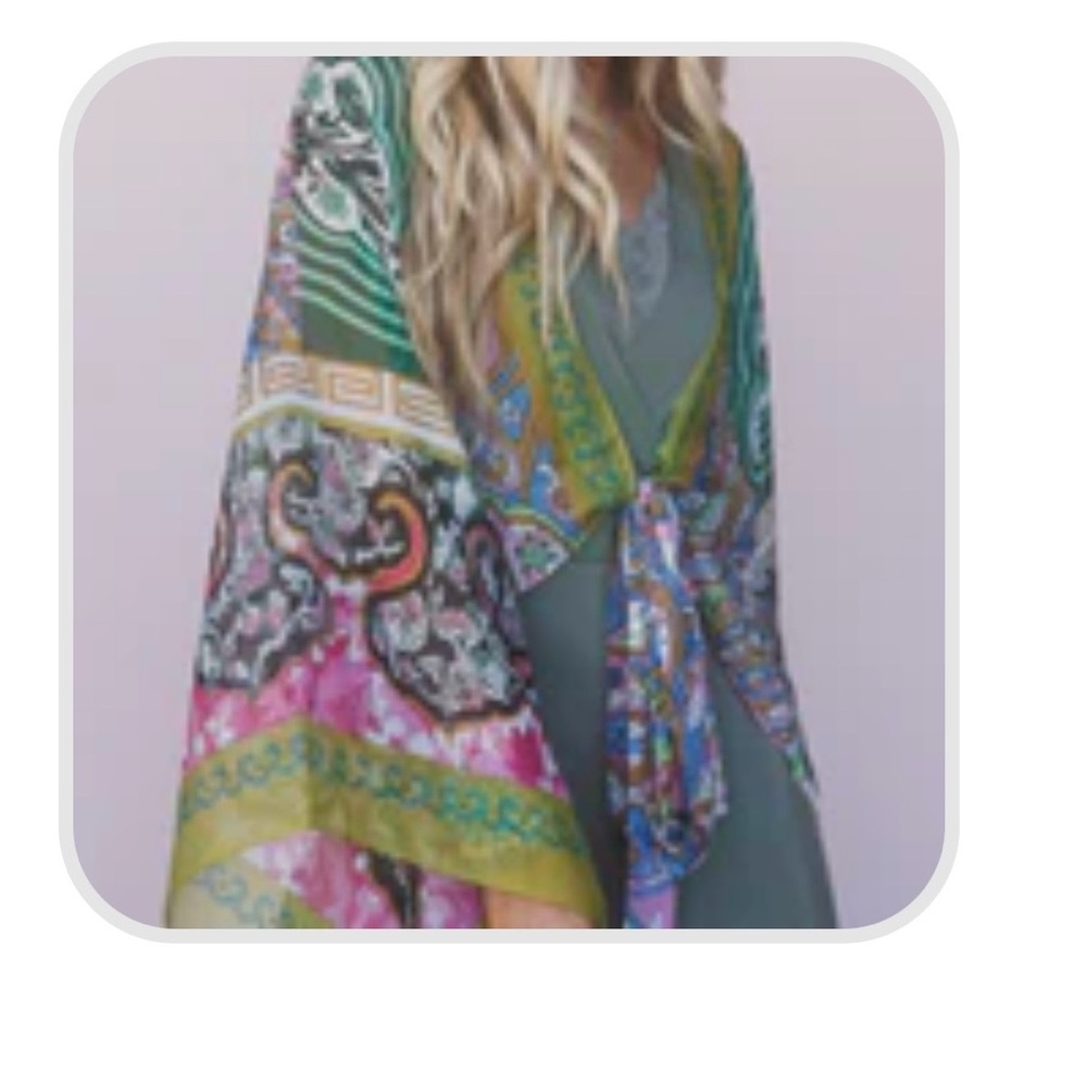 Three Bird Nest Multicolor Paisley Sheer Kimono - Green, Pink, Blue - Picture 3 of 3